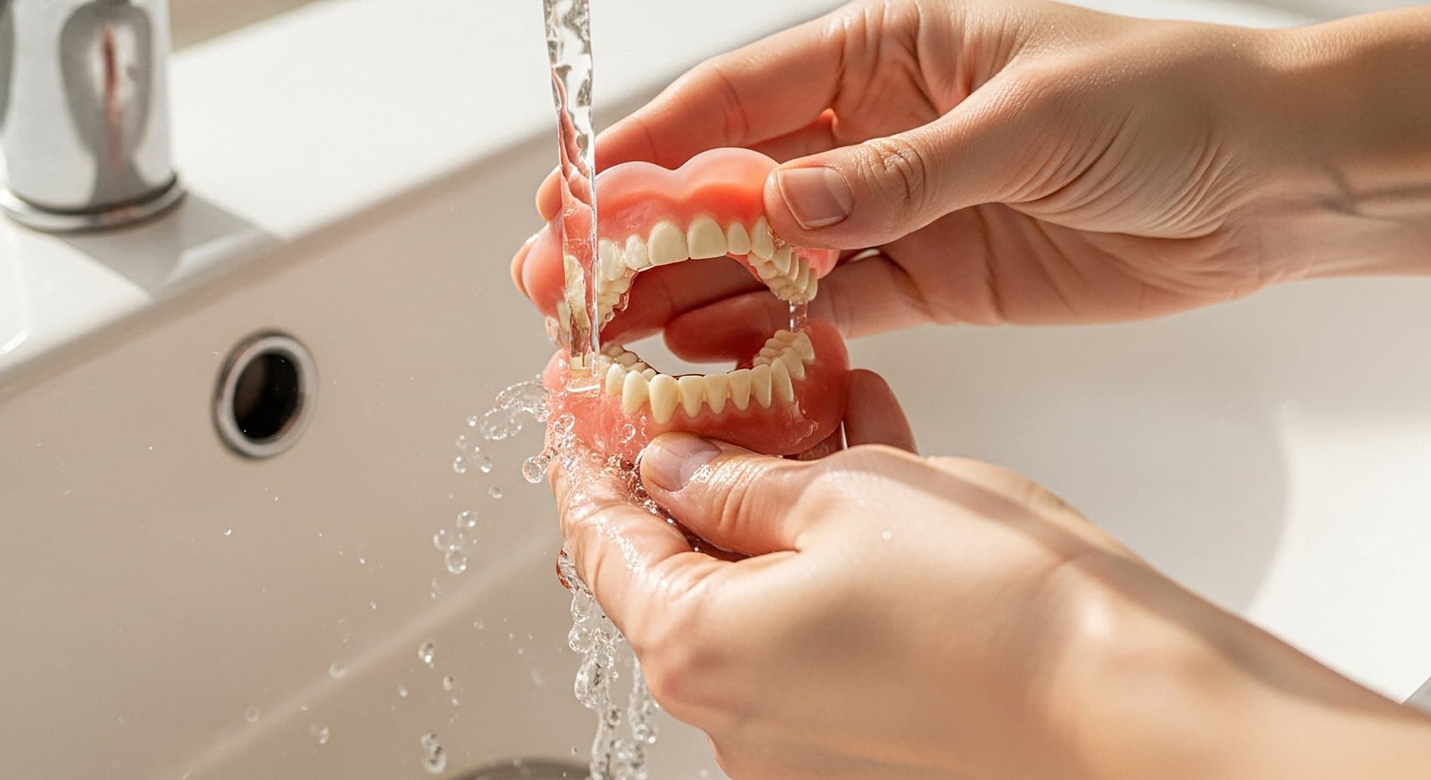 入れ歯の洗浄の際に常温の水を使用する様子