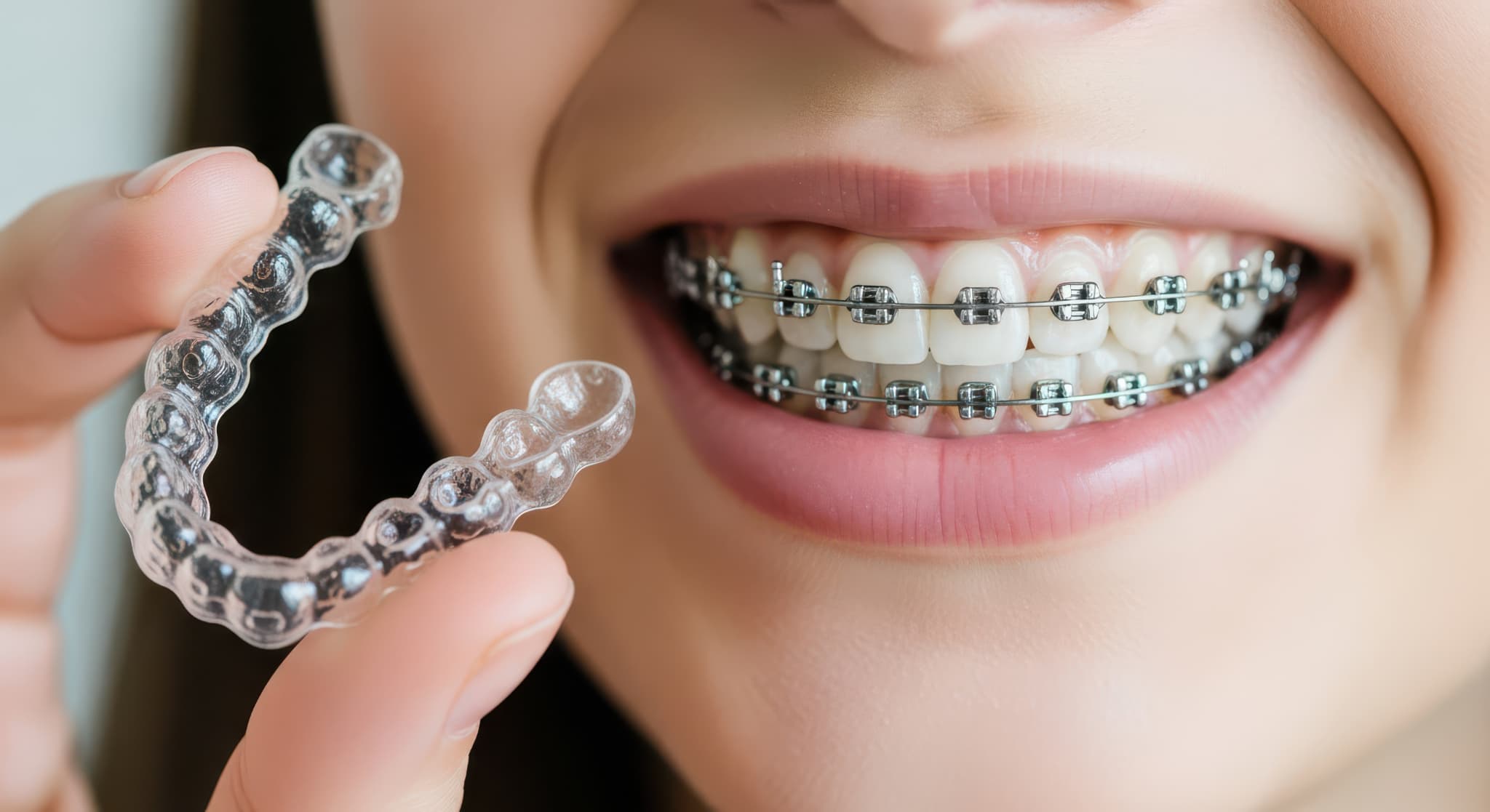 不正咬合の矯正方法であるワイヤー矯正をしてマウスピースを手に持った女性