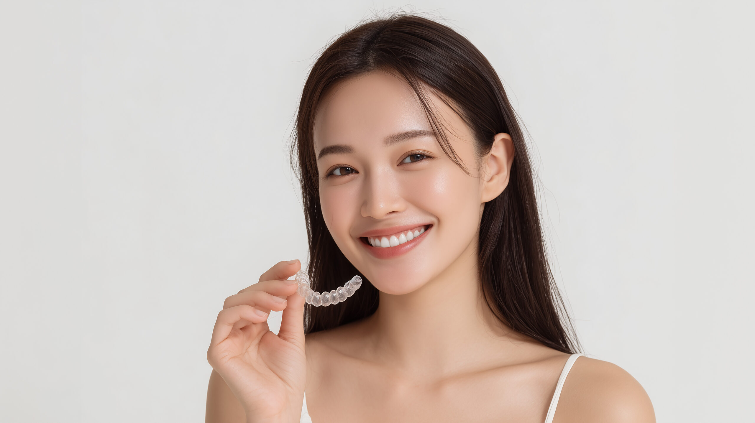 マウスピース矯正器具を手に持つ女性