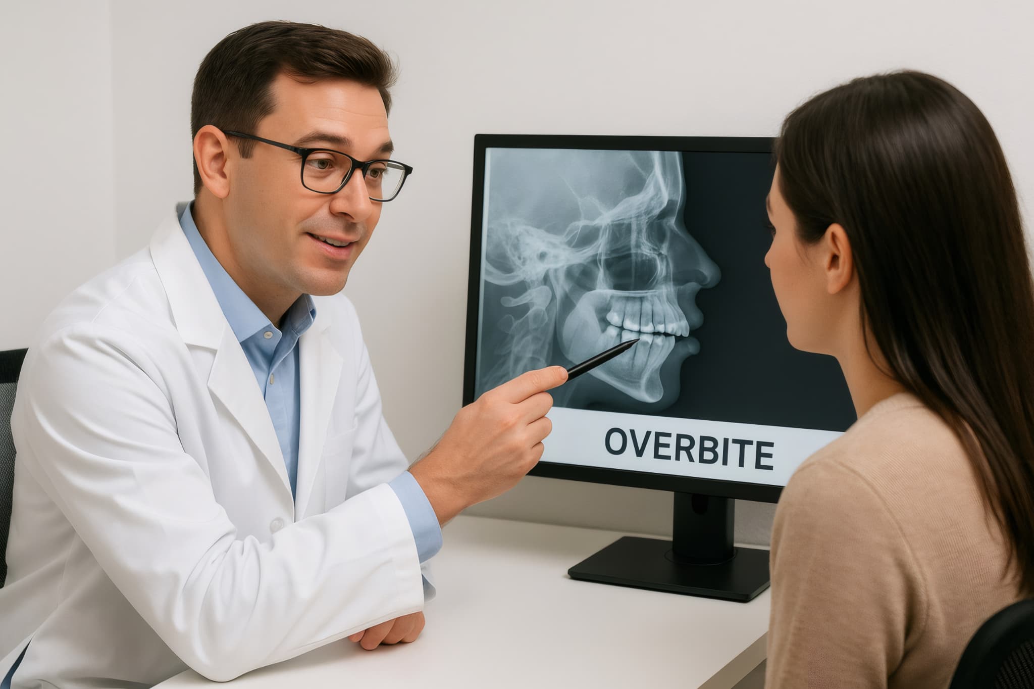 出っ歯についてレントゲン画像で患者に説明する歯科医