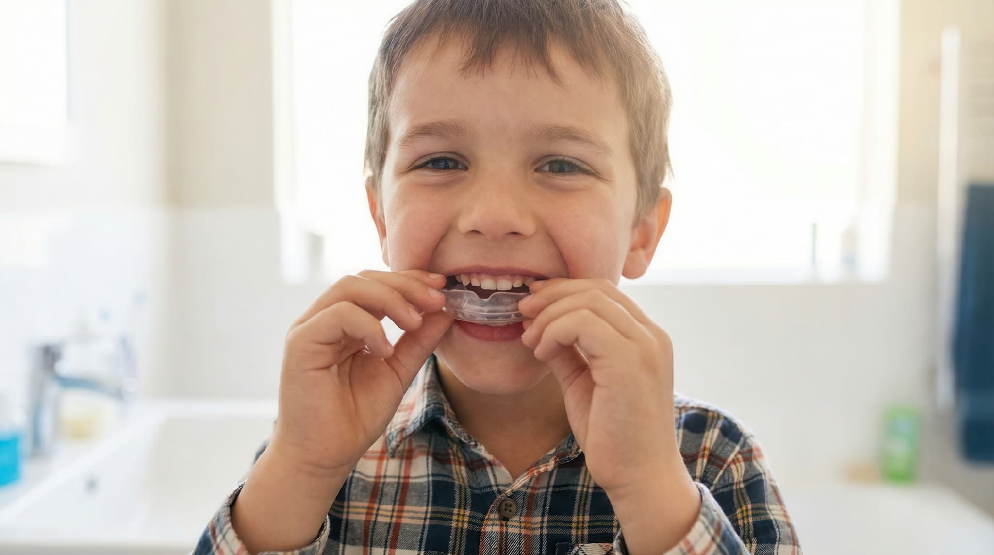 プレオルソで歯の矯正をしている男の子